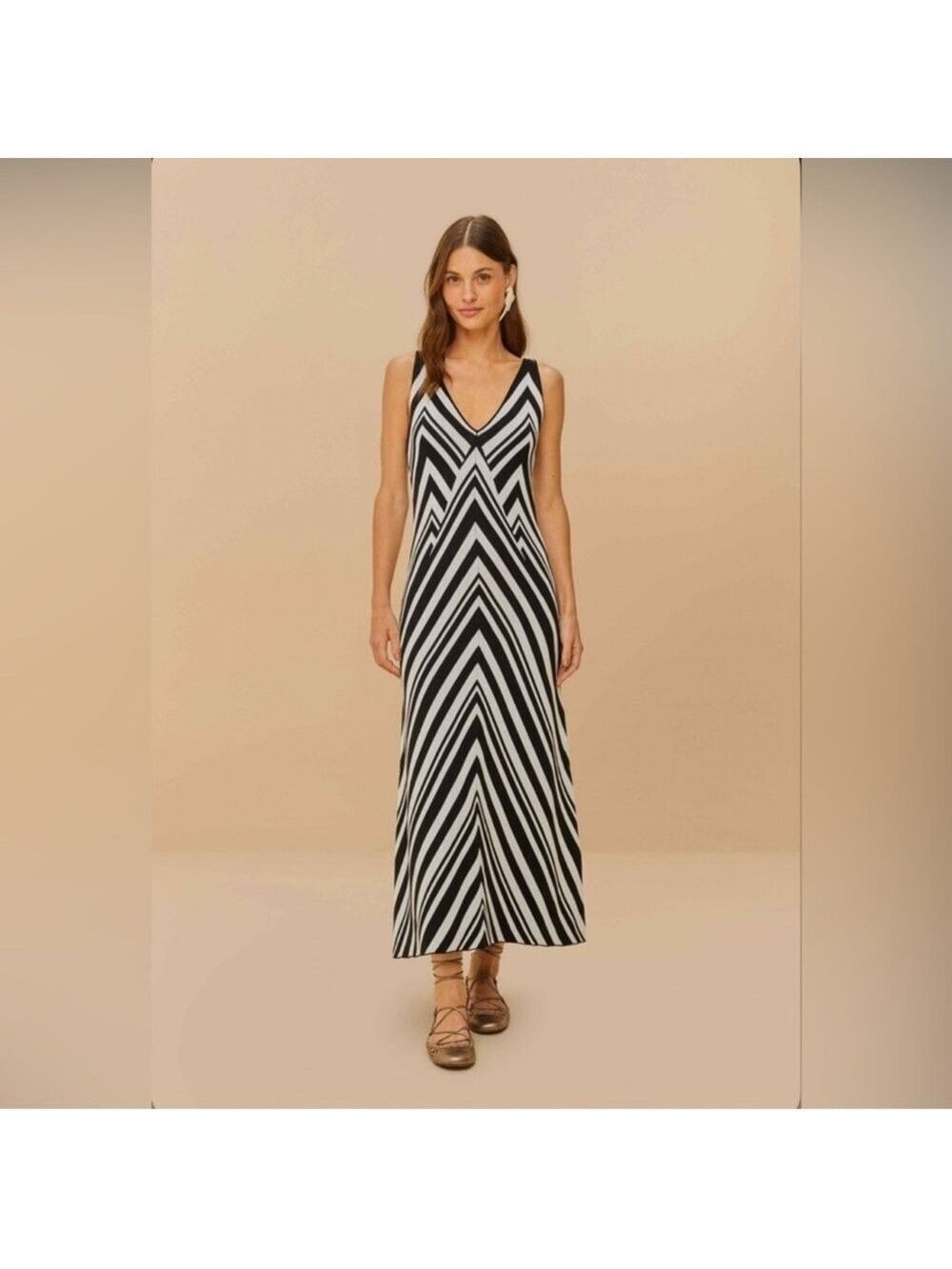 Farm Rio Black And White Stripes Knit Midi Dress